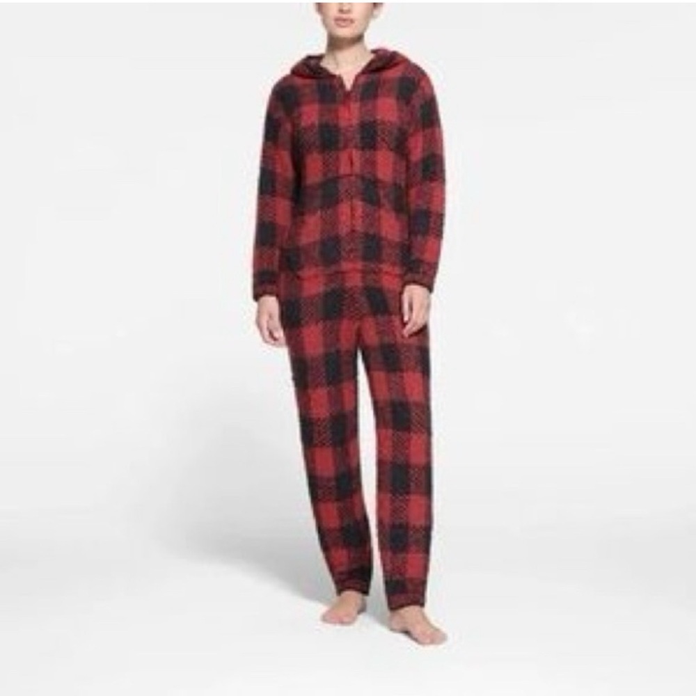 SKIMS NEW Red Black Brick Buffalo Check Cozy Knit Onesie. Size small/ medium.